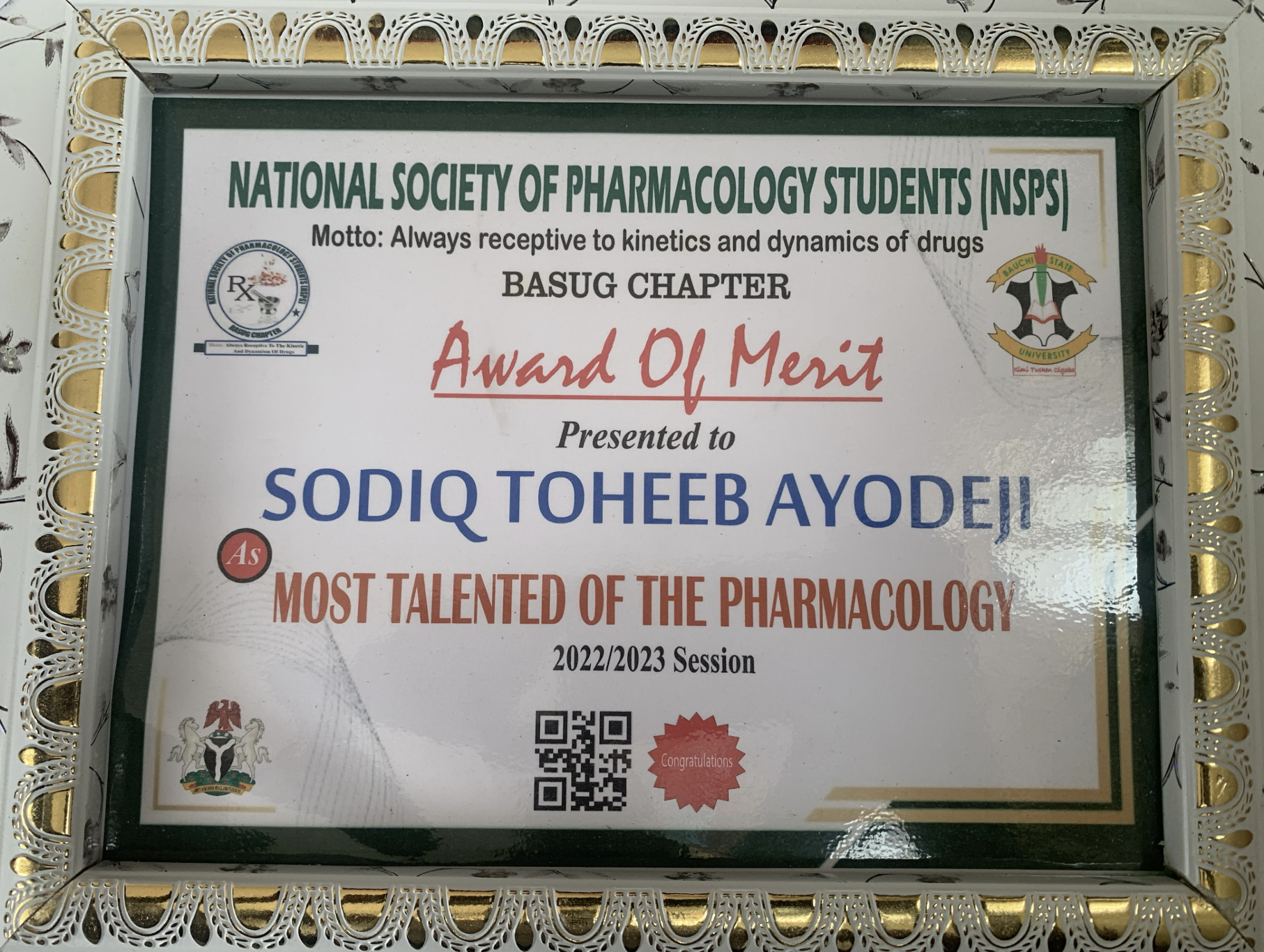 Most Talented of the Pharmacology certificate